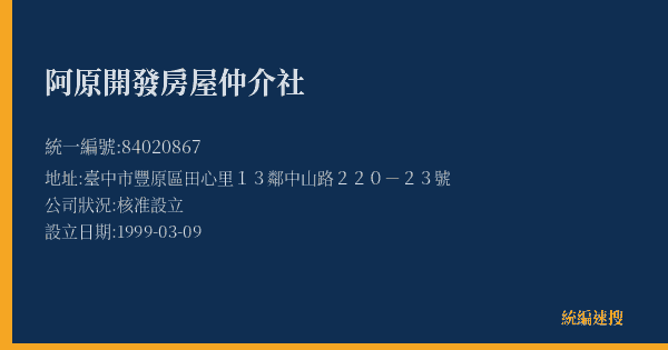 阿原開發房屋仲介社的照片-統編 84020867(臺中市) 公司登記資料與營業項目詳細圖表
