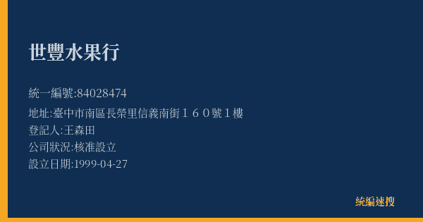 世豐水果行的照片-統編 84028474(臺中市) 公司登記資料與營業項目詳細圖表