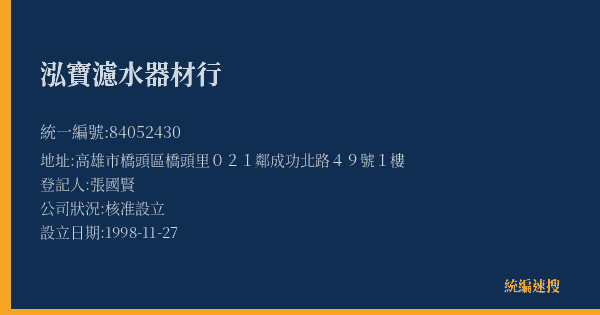 泓寶濾水器材行的照片-統編 84052430(高雄市) 公司登記資料與營業項目詳細圖表