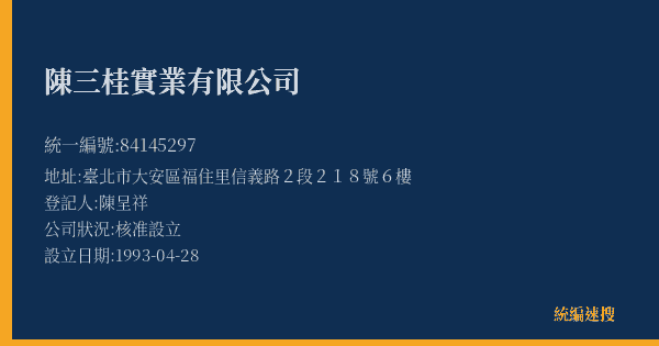 陳三桂實業有限公司的照片-統編 84145297(臺北市) 公司登記資料與營業項目詳細圖表