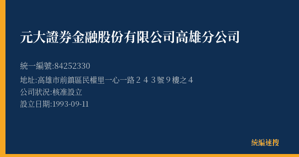 元大證券金融股份有限公司高雄分公司的照片-統編 84252330(高雄市) 公司登記資料與營業項目詳細圖表