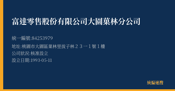 富達零售股份有限公司大園菓林分公司的照片-統編 84253979(桃園市) 公司登記資料與營業項目詳細圖表