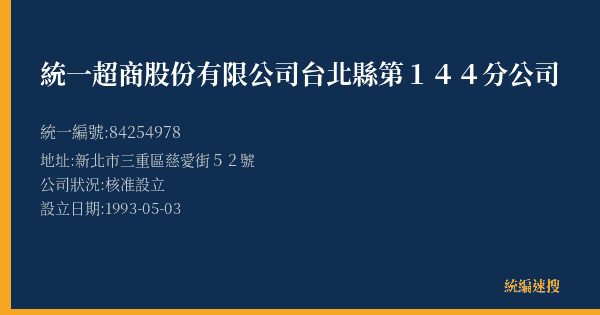 統一超商股份有限公司台北縣第144分公司的照片-統編 84254978(新北市) 公司登記資料與營業項目詳細圖表