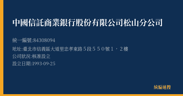 中國信託商業銀行股份有限公司松山分公司的照片-統編 84308094(臺北市) 公司登記資料與營業項目詳細圖表