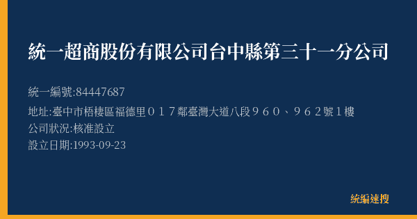 統一超商股份有限公司台中縣第三十一分公司的照片-統編 84447687(臺中市) 公司登記資料與營業項目詳細圖表