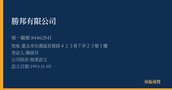 勝邦有限公司的照片-統編 84462841(臺北市) 公司登記資料與營業項目詳細圖表
