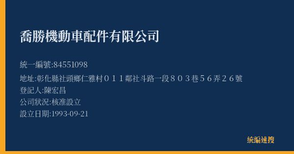 喬勝機動車配件有限公司的照片-統編 84551098(彰化縣) 公司登記資料與營業項目詳細圖表