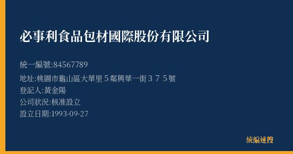 必事利食品包材國際股份有限公司的照片-統編 84567789(桃園市) 公司登記資料與營業項目詳細圖表