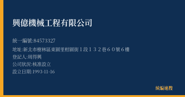 興億機械工程有限公司的照片-統編 84573327(新北市) 公司登記資料與營業項目詳細圖表