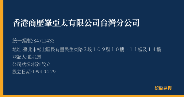香港商歷峯亞太有限公司台灣分公司的照片-統編 84711433(臺北市) 公司登記資料與營業項目詳細圖表