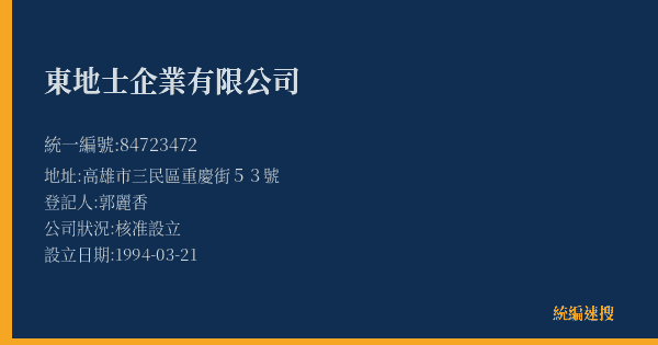 東地士企業有限公司的照片-統編 84723472(高雄市) 公司登記資料與營業項目詳細圖表