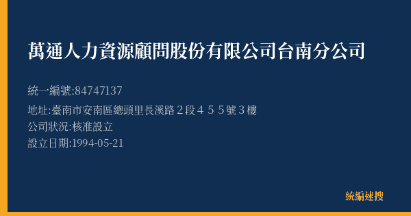 萬通人力資源顧問股份有限公司台南分公司的照片-統編 84747137(臺南市) 公司登記資料與營業項目詳細圖表