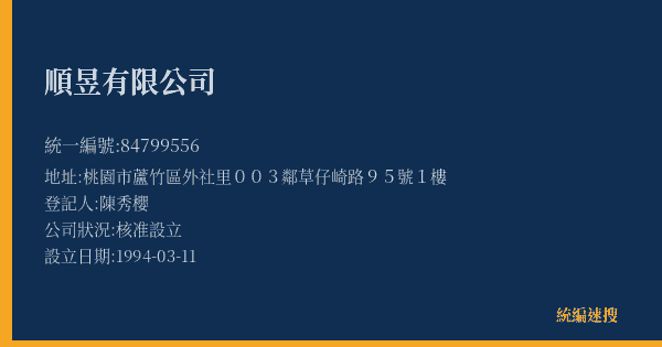 順昱有限公司的照片-統編 84799556(桃園市) 公司登記資料與營業項目詳細圖表