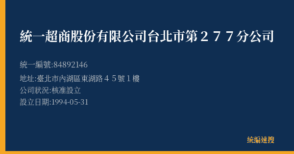 統一超商股份有限公司台北市第277分公司的照片-統編 84892146(臺北市) 公司登記資料與營業項目詳細圖表