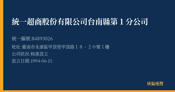 統一超商股份有限公司台南縣第1分公司的照片-統編 84893026(臺南市) 公司登記資料與營業項目詳細圖表