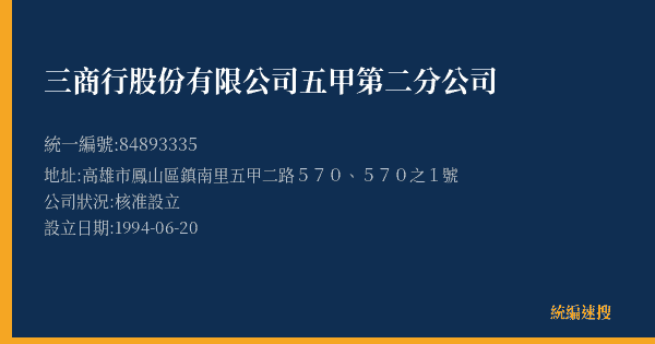 三商行股份有限公司五甲第二分公司的照片-統編 84893335(高雄市) 公司登記資料與營業項目詳細圖表