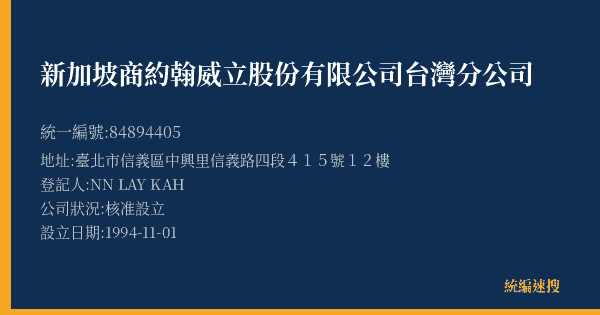 新加坡商約翰威立股份有限公司台灣分公司的照片-統編 84894405(臺北市) 公司登記資料與營業項目詳細圖表