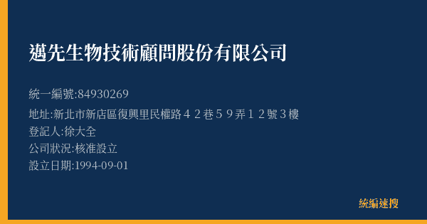 邁先生物技術顧問股份有限公司的照片-統編 84930269(新北市) 公司登記資料與營業項目詳細圖表
