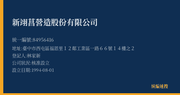 新翊菖營造股份有限公司的照片-統編 84956416(臺中市) 公司登記資料與營業項目詳細圖表