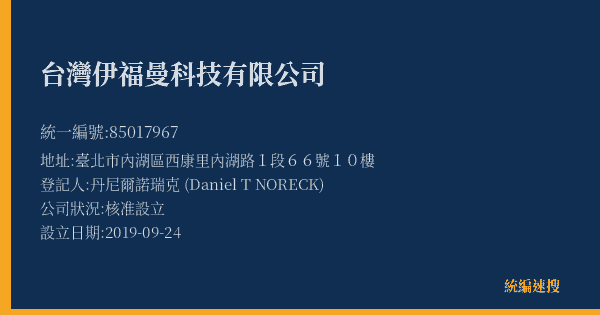 台灣伊福曼科技有限公司的照片-統編 85017967(臺北市) 公司登記資料與營業項目詳細圖表