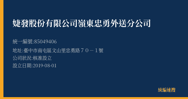 婕發股份有限公司嶺東忠勇外送分公司的照片-統編 85049406(臺中市) 公司登記資料與營業項目詳細圖表