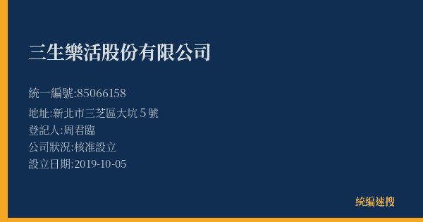 三生樂活股份有限公司的照片-統編 85066158(新北市) 公司登記資料與營業項目詳細圖表