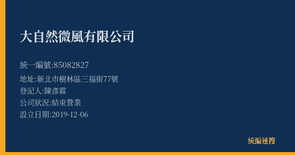 大自然微風有限公司的照片-統編 85082827(新北市) 公司登記資料與營業項目詳細圖表
