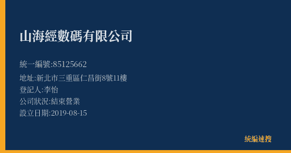 山海經數碼有限公司的照片-統編 85125662(新北市) 公司登記資料與營業項目詳細圖表