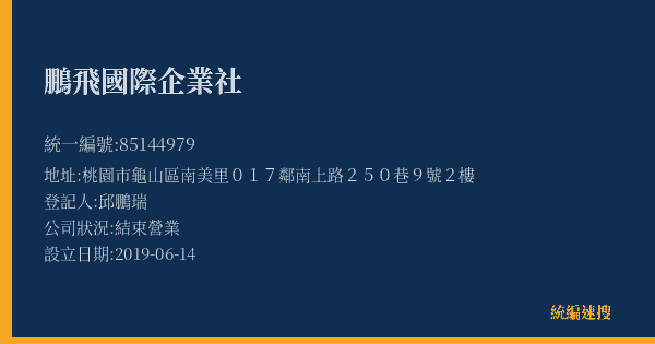 鵬飛國際企業社的照片-統編 85144979(桃園市) 公司登記資料與營業項目詳細圖表