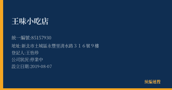 王味小吃店的照片-統編 85157930(新北市) 公司登記資料與營業項目詳細圖表