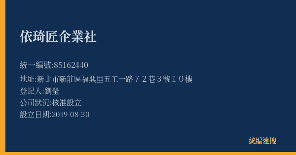 依琦匠企業社的照片-統編 85162440(新北市) 公司登記資料與營業項目詳細圖表