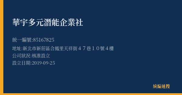 華宇多元潛能企業社的照片-統編 85167825(新北市) 公司登記資料與營業項目詳細圖表