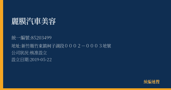 麗膜汽車美容的照片-統編 85203499(新竹縣) 公司登記資料與營業項目詳細圖表