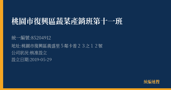 桃園市復興區蔬菜產銷班第十一班的照片-統編 85204912(桃園市) 公司登記資料與營業項目詳細圖表