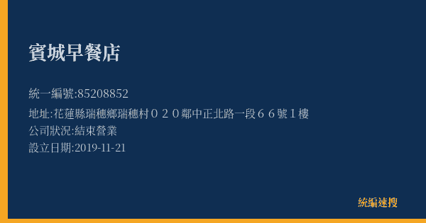 賓城早餐店的照片-統編 85208852(花蓮縣) 公司登記資料與營業項目詳細圖表