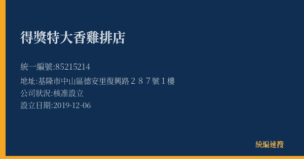 得獎特大香雞排店的照片-統編 85215214(基隆市) 公司登記資料與營業項目詳細圖表