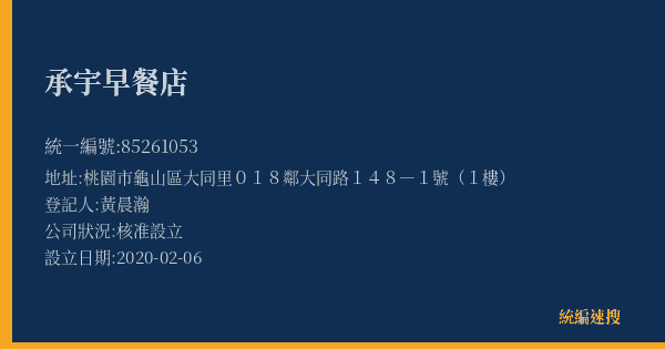 承宇早餐店的照片-統編 85261053(桃園市) 公司登記資料與營業項目詳細圖表