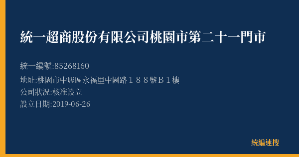 統一超商股份有限公司桃園市第二十一門市的照片-統編 85268160(桃園市) 公司登記資料與營業項目詳細圖表