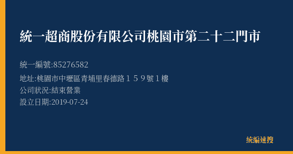 統一超商股份有限公司桃園市第二十二門市的照片-統編 85276582(桃園市) 公司登記資料與營業項目詳細圖表