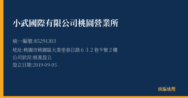 小武國際有限公司桃園營業所的照片-統編 85291303(桃園市) 公司登記資料與營業項目詳細圖表