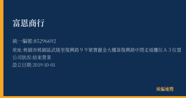 富恩商行的照片-統編 85296692(桃園市) 公司登記資料與營業項目詳細圖表