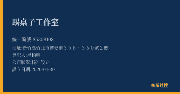 踢桌子工作室的照片-統編 85308108(新竹縣) 公司登記資料與營業項目詳細圖表