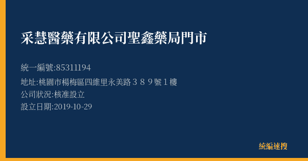 采慧醫藥有限公司聖鑫藥局門市的照片-統編 85311194(桃園市) 公司登記資料與營業項目詳細圖表