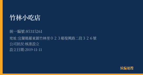 竹林小吃店的照片-統編 85315261(宜蘭縣) 公司登記資料與營業項目詳細圖表