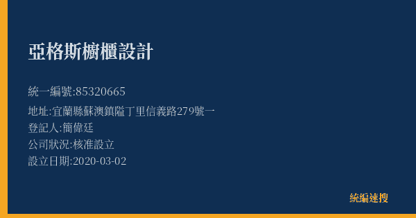 亞格斯櫥櫃設計的照片-統編 85320665(宜蘭縣) 公司登記資料與營業項目詳細圖表