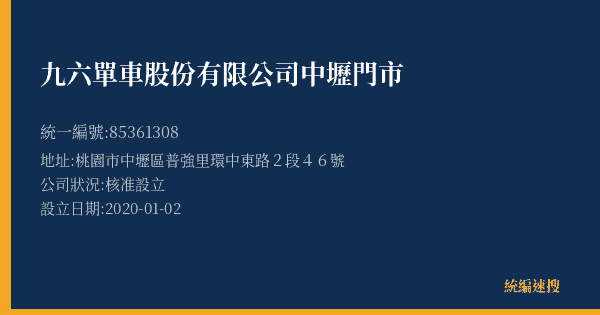 九六單車股份有限公司中壢門市的照片-統編 85361308(桃園市) 公司登記資料與營業項目詳細圖表