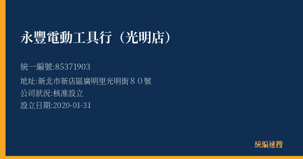 永豐電動工具行(光明店)的照片-統編 85371903(新北市) 公司登記資料與營業項目詳細圖表