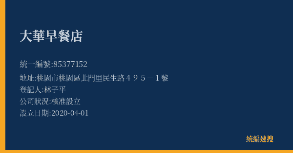 大華早餐店的照片-統編 85377152(桃園市) 公司登記資料與營業項目詳細圖表