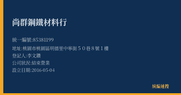 尚群鋼鐵材料行的照片-統編 85381199(桃園市) 公司登記資料與營業項目詳細圖表