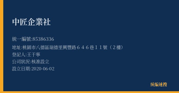 中匠企業社的照片-統編 85386336(桃園市) 公司登記資料與營業項目詳細圖表